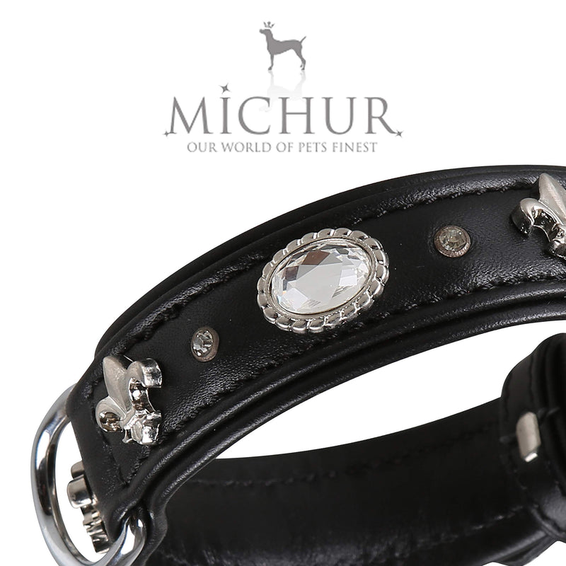 MICHUR Gala Dog Collar Leather, Leather Collar Dog, Collar, Black, LEATHER, with lilies, rhinestones and large crystal Neck circumference 12,20-14,17" - PawsPlanet Australia