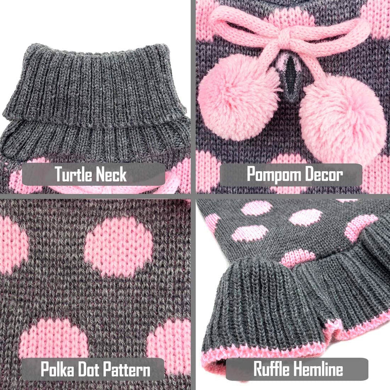 KYEESE Dog Sweater Dress Turtleneck Polka Dot Dog Sweaters with Leash Hole Knitwear Warm Pet Sweater with Pom Pom Ball X-Small (Pack of 1) Polkadot (Grey) - PawsPlanet Australia