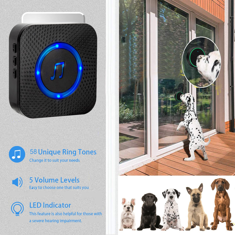 ChunHee Dog Doorbells for Potty Training-Wireless Dog Door Bell for Dog Cat-IP65 Watrerproof Touch Button, Operating at 950 Feet with 58 Melodies 5 Volume Levels LED Flash Receiver - PawsPlanet Australia