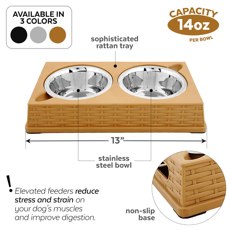 [Australia] - Iconic Pet Color Splash Designer Rattan Double Diner, Stainless Steel Pet (Dog/Cat) Feeding Bowls with Wicker Finish, Anti-Skid Bottom with 28 oz Capacity Beige 