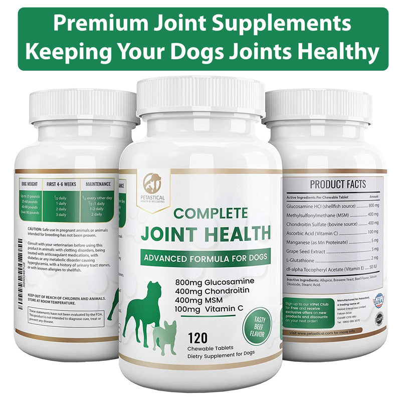 Petastical Dog Joint Supplements - Hip Support - 800mg Glucosamine - Triple Strength includes Chondroitin, MSM and Vitamins - 120 Chewable Tablet Treats - PawsPlanet Australia