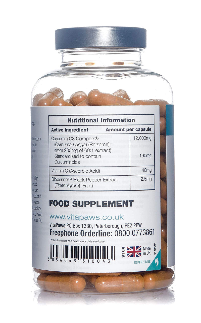 Curcumin/Turmeric 180 Capsules for Dogs 1500mg with Piperine | Popular Supplement for Joint Support | Manufactured in The UK - PawsPlanet Australia