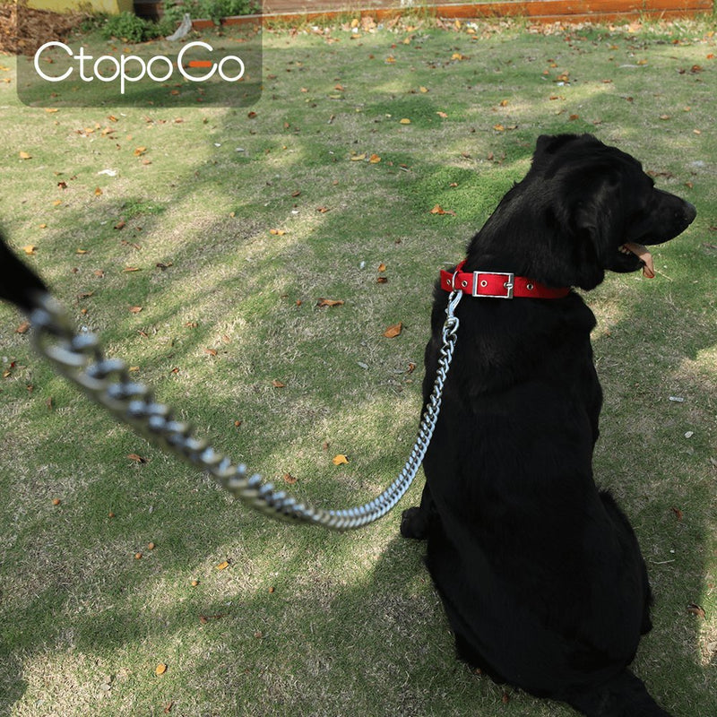 CtopoGo Heavy Duty Dog Leash Chain Anti-bite Metal Dog Lead with PU Leather Handle Pet Traction Rope for Puppy Small Medium Large Dogs (120cm) 120cm - PawsPlanet Australia