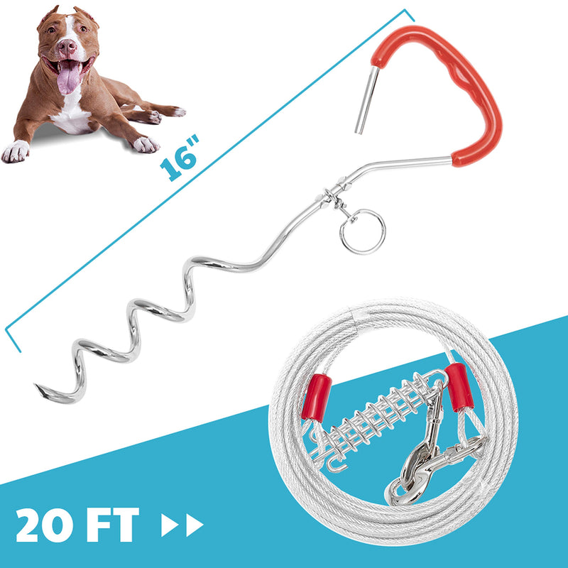 ADCSUITZ Dog Tie Out Cable and Stake - Heavy Duty Long Dog Leash 20ft 30ft for Small, Meidum, Large Dogs - Tangle Free Rope Dog Leash with Buffer Spring for Camping Training Hiking Playing in the Yard 20 ft - PawsPlanet Australia