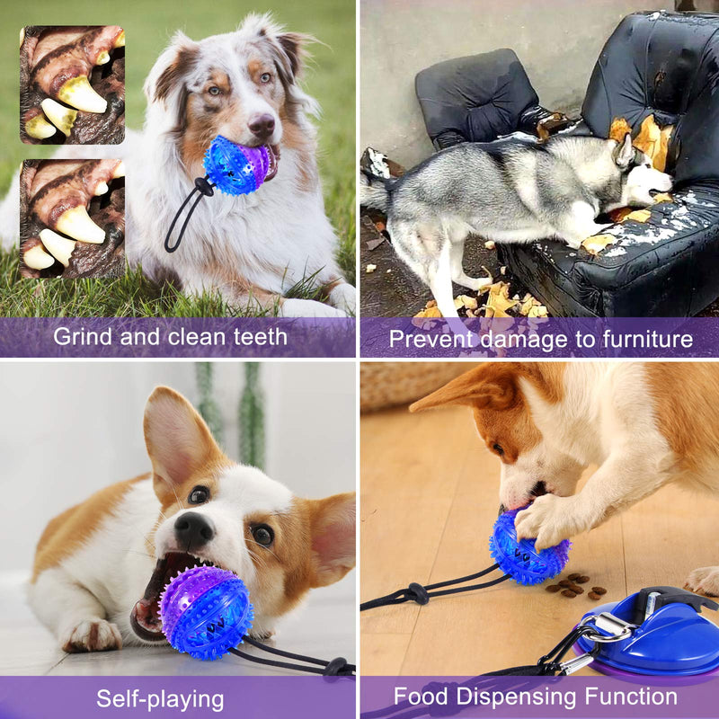 AMZLIFE Suction Cup Dog Chew Toy for Aggressive Chewers, Interactive Puzzle Ball Toy for Large Breed & Medium Dog Teeth Cleaning, Treats Training, Squeaky Tough Rope Tug Toy Gift w/Bell, Blue Purple - PawsPlanet Australia