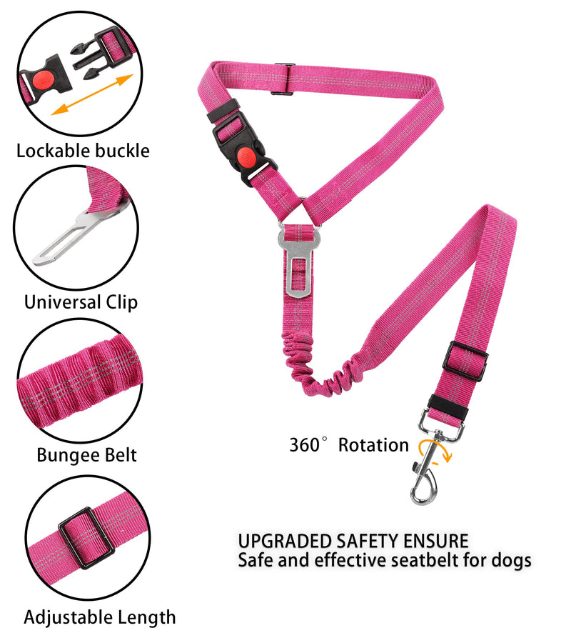 YAOHDAO Dog Seat Belt Harness for Car, Restraint Adjustable with Elastic Bungee Buffer Headrest for Vehicle, 360° Swivel Carabiner Nylon Pet Safety Seat Belts Heavy Duty Car Harness for Dogs Rosy Red - PawsPlanet Australia
