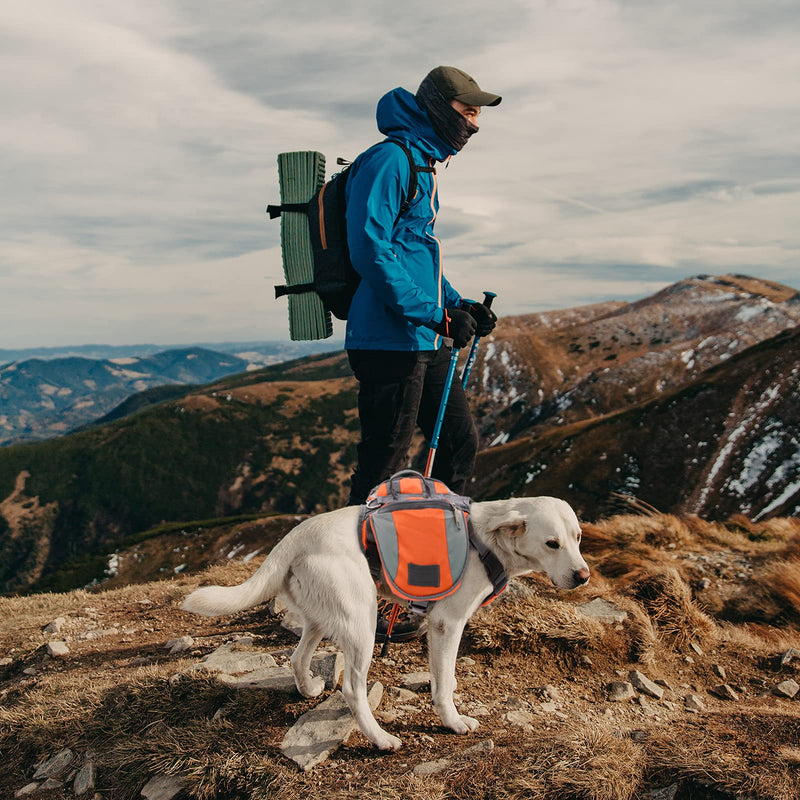 MIGOHI Dog Backpack, Durable Doggy Saddle Bag with Reflective Strip & 2 Side Pockets, Polyester Breathable Pet Camping Hiking Travel Pack for Medium Large Dogs L Orange - PawsPlanet Australia