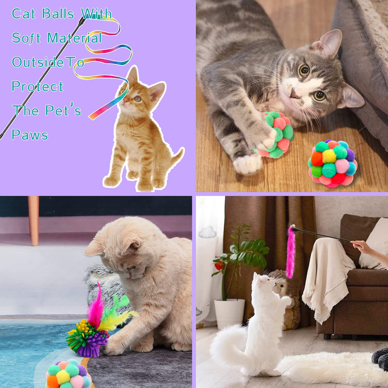 Cat Toys Ball，Woolen Yarn Cat Toy Balls with Bell Cat Kitty Wand Spring Toy and Fuzzy Balls, Cat Toys for Indoor Cats Interactive Cat Chew Toys for Kittens( 14 Pack ) - PawsPlanet Australia