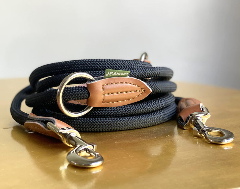 Quiet green dog leash for small dogs, light Lead leash 3m adjustable with 2 carabiners | 3 meters long x 0.8 cm | Only 200g | Model Devon | Black 3m x 0.8cm - PawsPlanet Australia