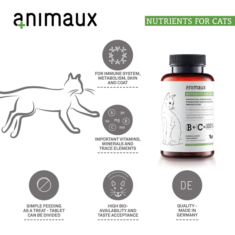 animaux®  nutrients for cats | All-Natural Cat Vitamins to Support the Immune System and Cell Protection | Zinc, Manganese, Selenium | Skin and Coat | 120 Chewable Tablets - PawsPlanet Australia