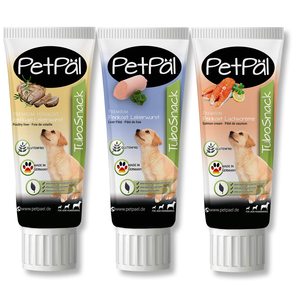 PetPäl liver sausage “TuboSnack” - 3 delicious, healthy varieties - No grains, salt, sugar - Premium treat from the tube - Also ideal for puppies - Dog snack Made in Germany - Tasting set of 3: liver sausage, poultry paste, salmon cream - PawsPlanet Australia