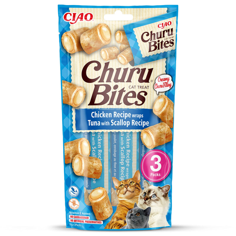 Churu Cat Snack Bites Chicken, Tuna + Scallops 3x10g Scallops 10g (Pack of 3) - PawsPlanet Australia