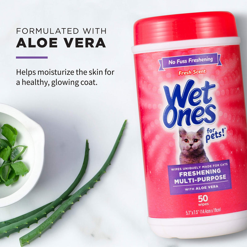 [Australia] - Wet Ones for Pets Freshening Multipurpose Wipes for Cats with Aloe Vera | Easy to Use Cat Cleaning Wipes, Freshening Cat Grooming Wipes for Pet Grooming in Fresh Scent | 50 ct Cannister Cat Wipes 50 Count 