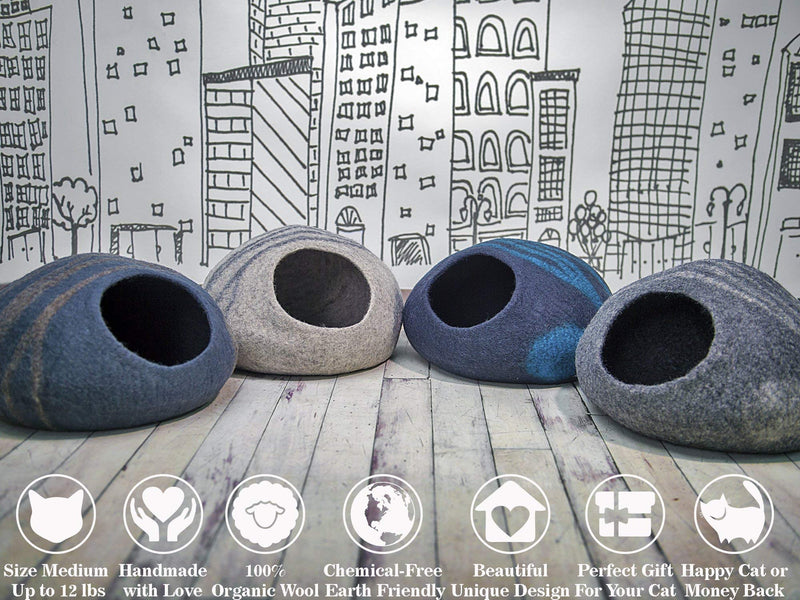 [Australia] - MEOWFIA Premium Felt Cat Bed Cave (Medium) - Handmade 100% Merino Wool Bed for Cats and Kittens Light Grey 