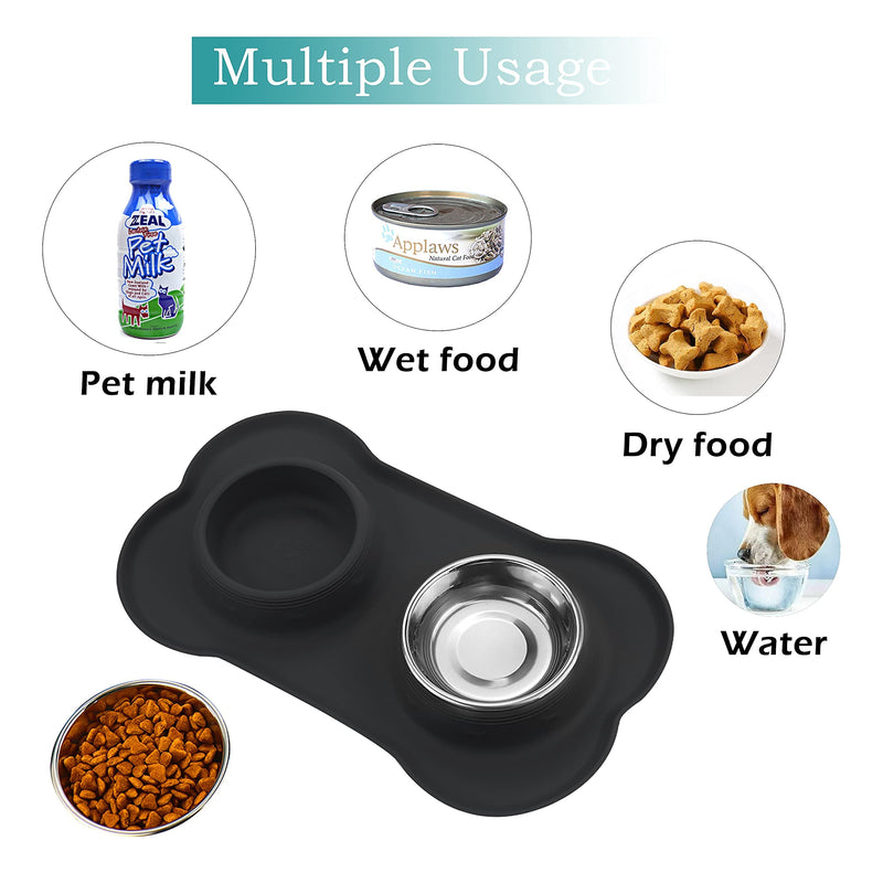 Dog Bowls, Cat Food and Water Bowls Stainless Steel , Double Pet Feeder Bowls with No Spill Non-Skid Silicone Mat, Dog Dish for Medium Dogs Cats Puppies, Set of 2 Bowls S-6oz,Bone shape Black - PawsPlanet Australia