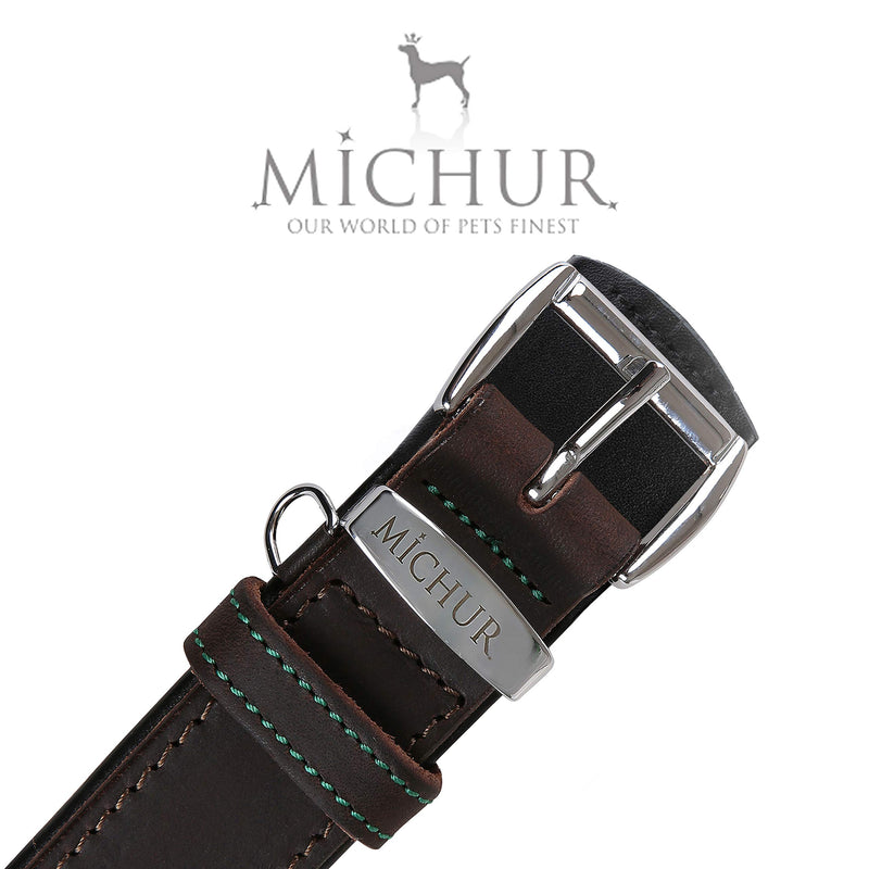 MICHUR Oleo dog collar leather, dog leather collar, collar brown, green stitching, LEATHER, Neck circumference 14,17-17,72" Neck circumference 14,17-17,72" - PawsPlanet Australia