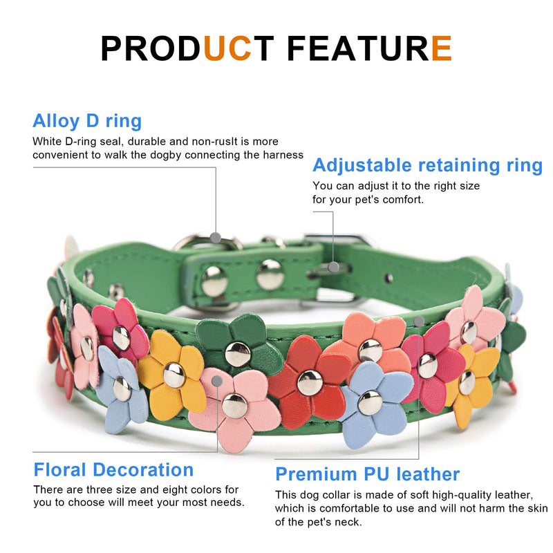 Dog Leather Collar, Flower Studded Puppy Collars, Premium PU Adjustable Buckle Pet Neck Strap Choker for Small and Medium Dogs, Multiple Colours, Green M - PawsPlanet Australia