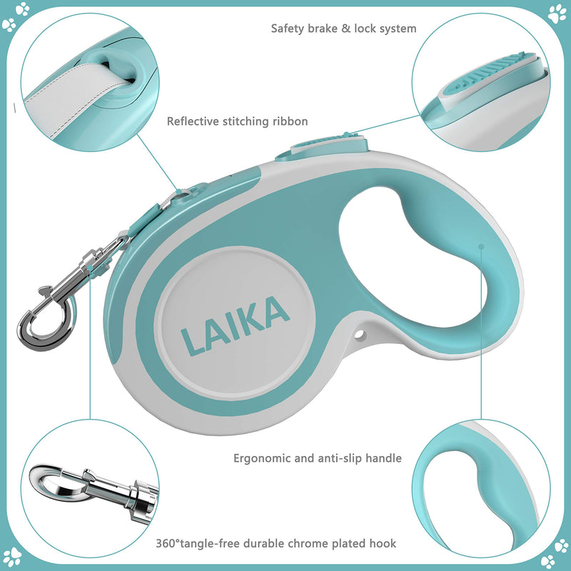 [Australia] - LAIKA Retractable Dog Leash with Waste Bag Dispenser, Tangle-Free 16ft Heavy Duty Durable Dog Walking Leash for Medium Large Breed Dogs Up to 110lbs - Reflective Stitching Nylon Ribbon Blue 