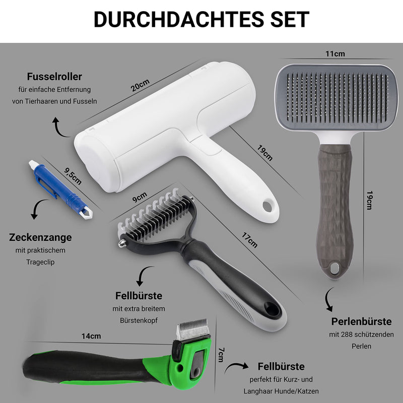 FinoPet set of 5 with different dog brushes/cat brushes, XL lint roller and tick tweezers in a promotional set, long hair short hair undercoat brushes animal hair remover, automatic tick removal set of 5 with different dog/cat brushes - PawsPlanet Australia