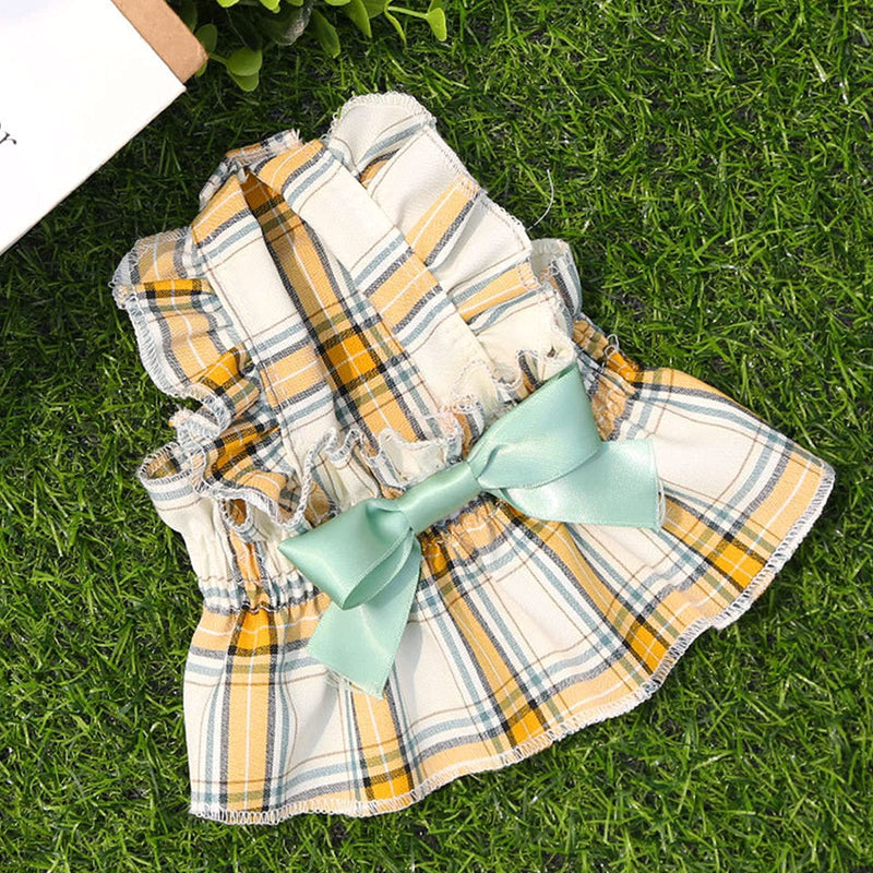 Pet Cute Lattice Bow Small Dog Dress for Girl Boy Doggy Cats Rabbit Fancy Tutu Adorable Princess Petite Vest Doggie Bowknot Dresses for Dogs Pomeranian Chihuahua Skirt Puppy Supplies(Green&Yellow, M) - PawsPlanet Australia