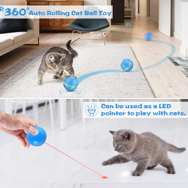 DazSpirit Interactive Cat Toys Balls for Indoor Cats, Cat Ball Toy with Led Light, Electric Cat Chase Toy Funny Led Pointer for Kitten, Automatic 360-Degree Rotating, USB Rechargeable, 3 Modes Blue - PawsPlanet Australia