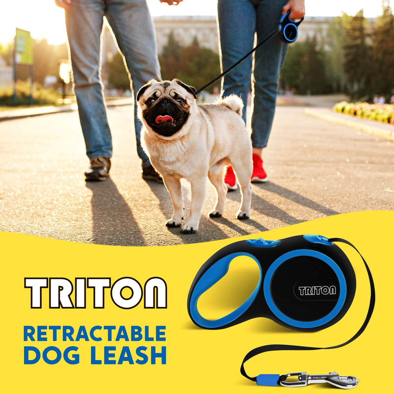 [Australia] - Triton Retractable Dog Leash - 16 ft Reinforced Nylon Ribbon with Collapsible Water Bowl, One Touch Locking System, Tangle-Free, Anti-Slip Rubberized Handle 