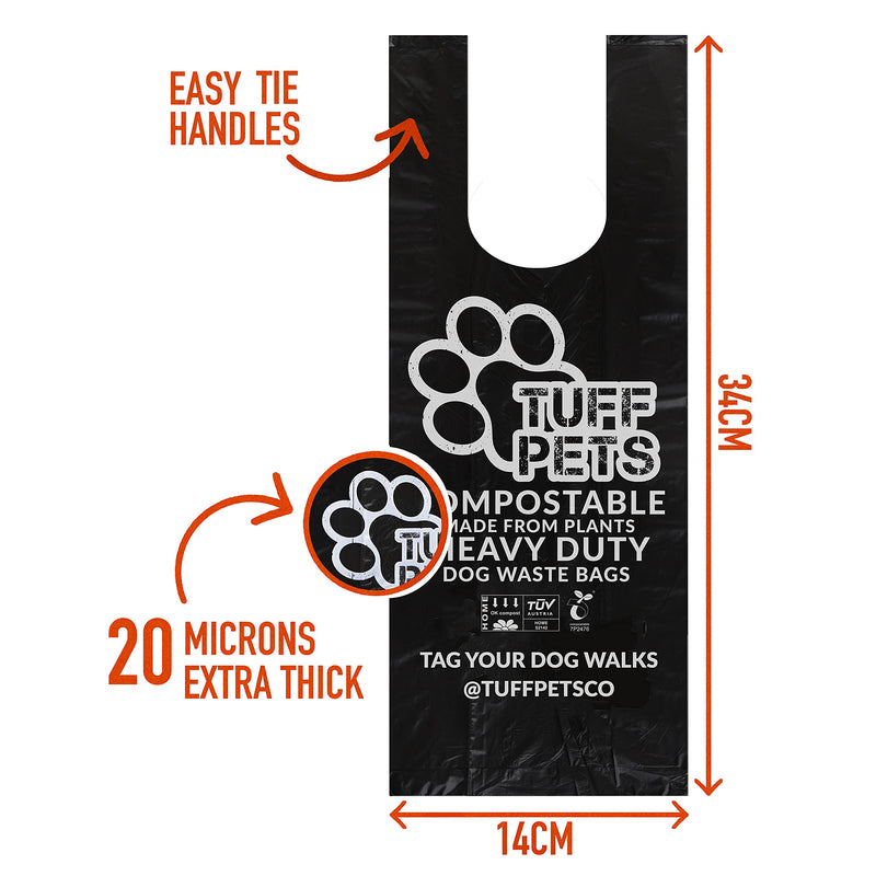 Tuff Pets Plant Based 50% Stronger Compostable Dog Poo Bags with Tie Handles on a Roll | 12 Dispenser Refill Rolls |Thick Biodegradable Doggy Waste Bags - PawsPlanet Australia