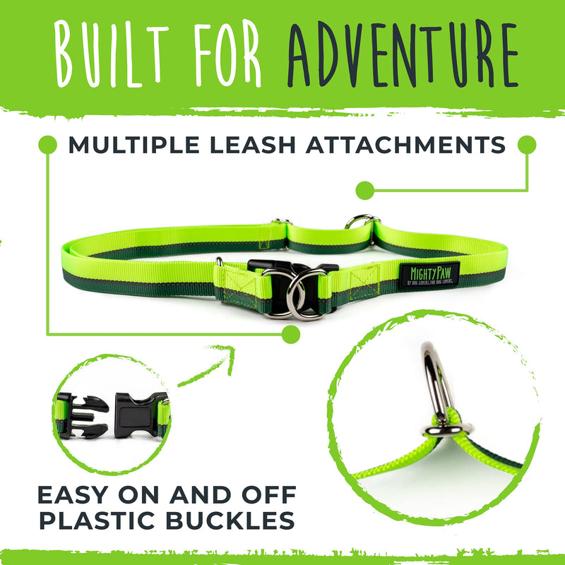 Mighty Paw Hands Free Bungee Leash 2.0 | 4’ Dog Lead W/ Dual Padded Traffic Handles for Running, Hiking & Jogging. Wearable Belt (27-48” Waistband) W/ 2 Attachment Loops. Pets Up to 150lb Green - PawsPlanet Australia
