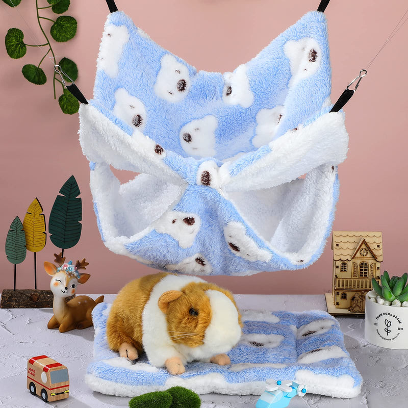 2 Pieces Guinea Pig Hamster Hanging Hammock and Mat Bed Set Soft Mat Bedding Cage Accessories Hideout Tunnel Cave Thicken Fancy Bunkbed Hammock for Rat Ferret Sugar Glider (Blue,Bear Pattern) Blue Bear - PawsPlanet Australia