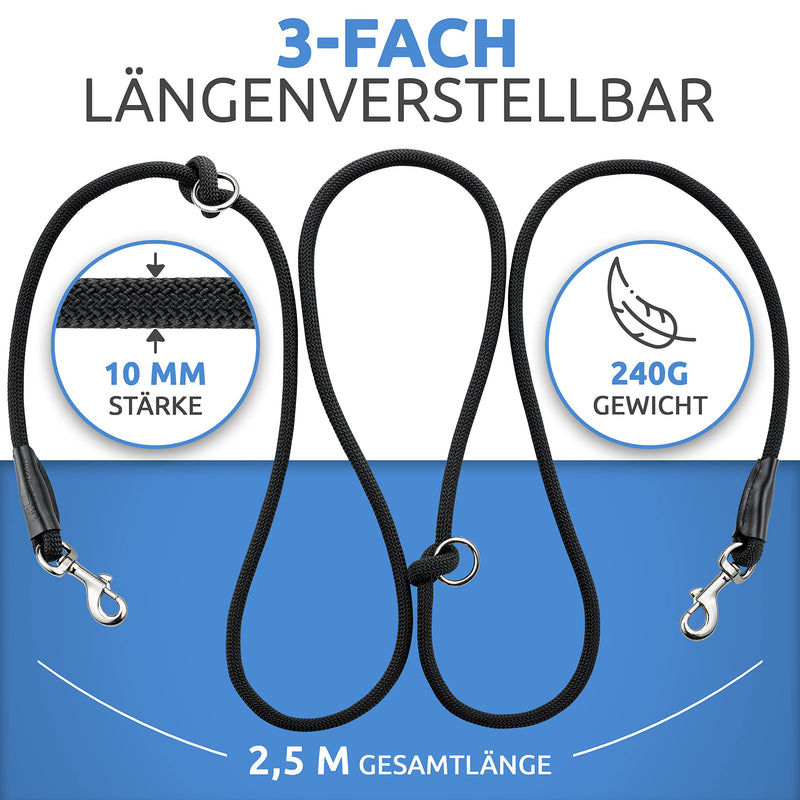 HappyShephie dog leash 2.5 m - ideal for medium & large dogs - 240g light, 3-way adjustable - extremely robust shoulder leash & double leash/black 2.5 meters midnight black - PawsPlanet Australia