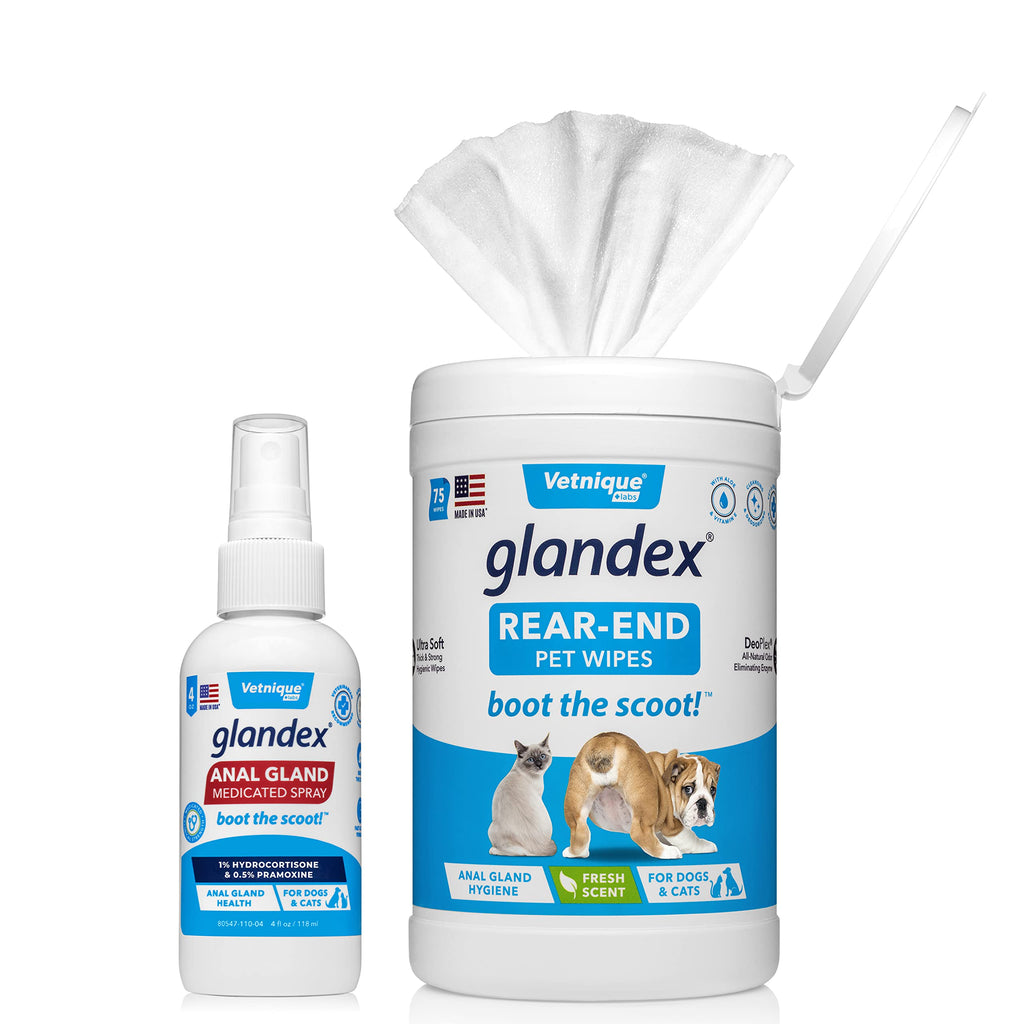 Glandex Anal Gland Medicated Spray for Dogs & Cats (4oz) and Glandex Anal Gland Hygienic Pet Wipes 75 Ct Bundle, Dog Deodorizing Spray & Anti-Itch Spray for Dogs, Dog Cleaning Wipes with Fresh Scent - PawsPlanet Australia
