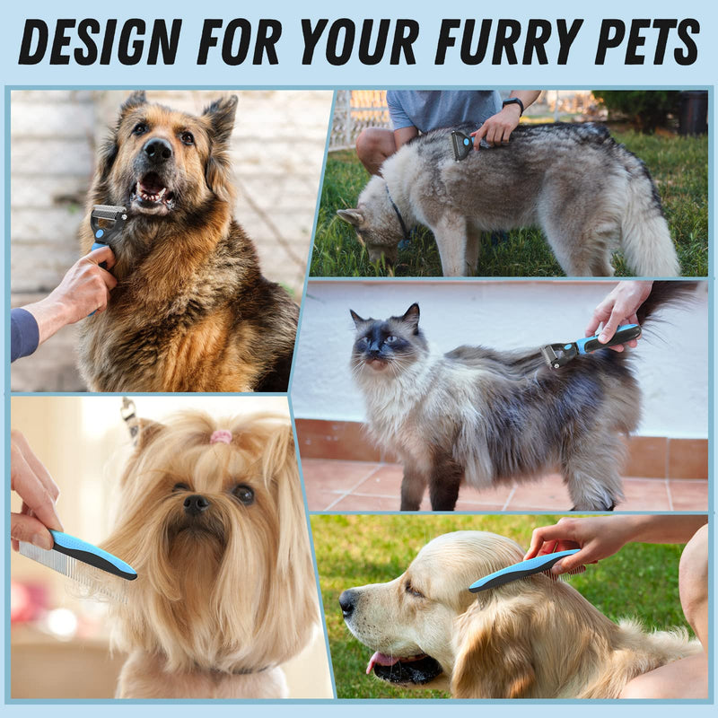Dog Grooming Brush and Metal Comb, Undercoat Rake for Dogs Grooming Supplies Dematting Deshedding Brush for Shedding, Cat Brush Deshedder Brush Dogs Shedding Tool for Long matted Haired Pets, Blue - PawsPlanet Australia