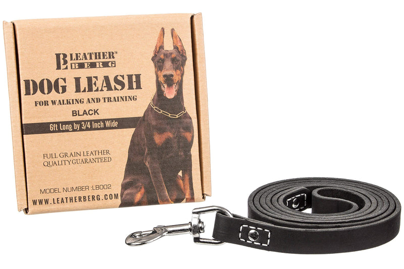 [Australia] - LEATHERBERG Leather Dog Training Leash 6 Ft Long x 3/4" Wide Dog Walking Leash Best for Medium Large Dogs, Latigo Leather Dog Lead & Puppy Trainer Leash Black 