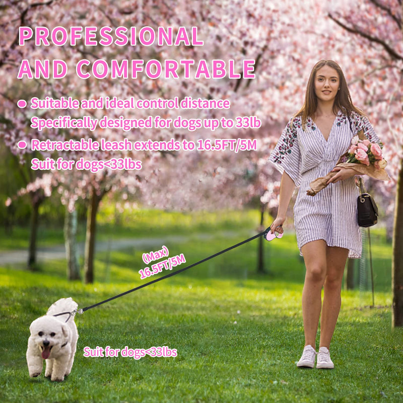 Retractable Dog Lead, ANCOOLE 5M/16FT Extendable Dog Lead 360°Tangle-Free Smooth&Durable Nylon Tape with Anti-Slip Handle, One-Handed Brake for Small Medium Dogs(Pink) Pink - PawsPlanet Australia
