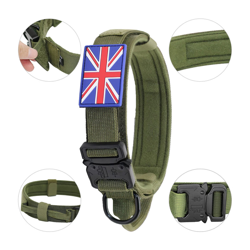Tactical Dog Collar with UK United Kingdom Flag - YoothBro K9 Military Dog Collar Adjustable Nylon Dog Collar with Heavy Duty Metal Buckle for Medium Large Dogs M,Green ArmyGreen - PawsPlanet Australia