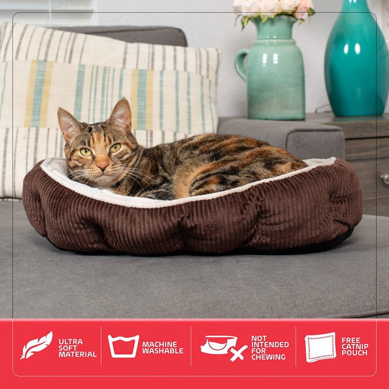 [Australia] - Simple Sleeper Self Warming Cute Calming Cat Bed With Ultra Soft Luxury Plush Including Refillable Catnip Pouch - Perfect for Indoor Cats Brown 