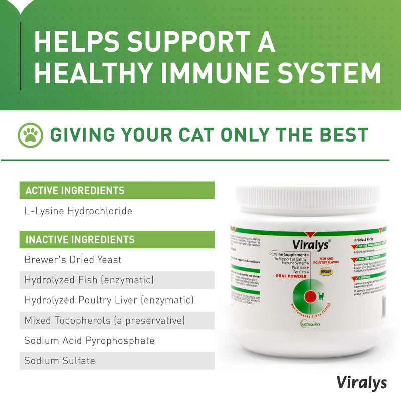 Vetoquinol Viralys L-Lysine Supplement for Cats - Cats & Kittens of All Ages - Immune Health - Sneezing, Runny Nose, Squinting, Watery Eyes - Flavored Lysine Powder 100 Grams - PawsPlanet Australia