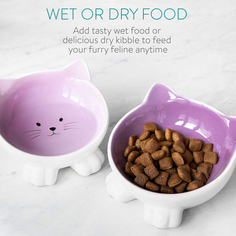 Navaris Cat Bowls with Ears - 2 Pack of Ceramic Cat Feeding Dishes with Anti Slip Silicone Feet - Purple Cat Shaped Food and Water Bowls Set Violet - PawsPlanet Australia