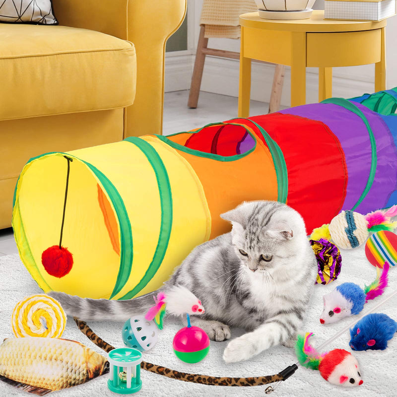 Whaline 24 PCS Cat Kitten Toys Set, Collapsible Cat Tunnels for Indoor Cats, Interactive Cat Feather Toy Fluffy Mouse Crinkle Balls Toys for Cat Puppy Kitty Kitten Rabbit - PawsPlanet Australia