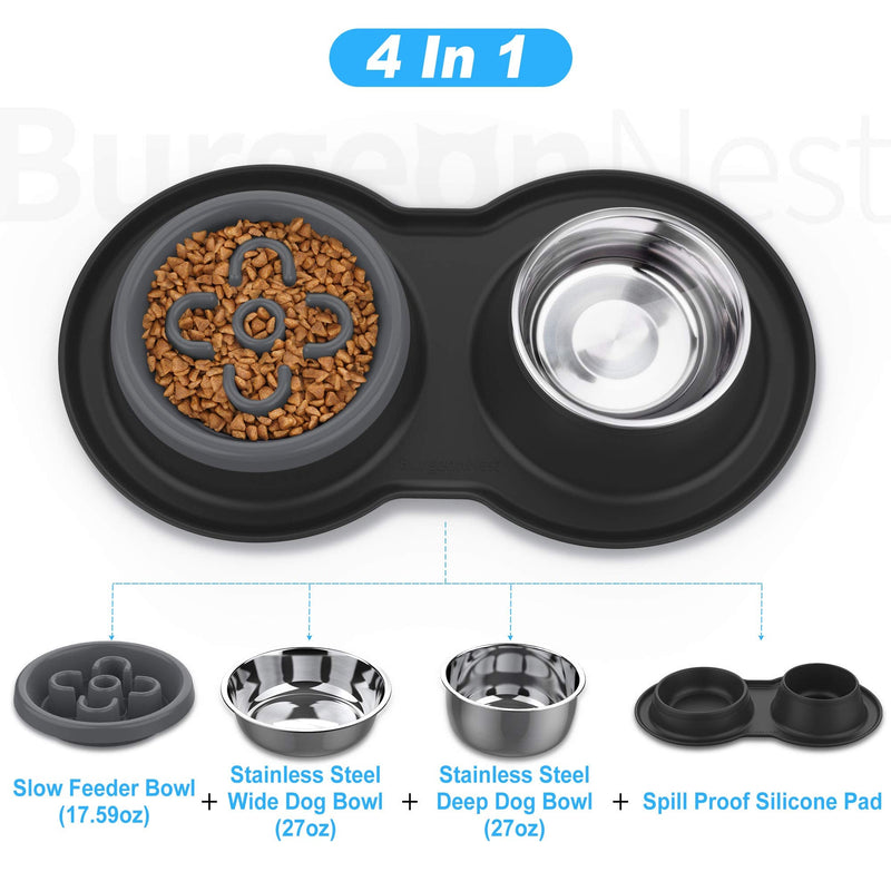 BurgeonNest Slow Feeder Dog Bowls, 27oz Stainless Steel 4-in-1 Food and Water Bowls with No-Spill Silicone Mat Bloat Stop Slow Down Eating Puzzle Bowl for Medium Small Sized Dogs Black - PawsPlanet Australia