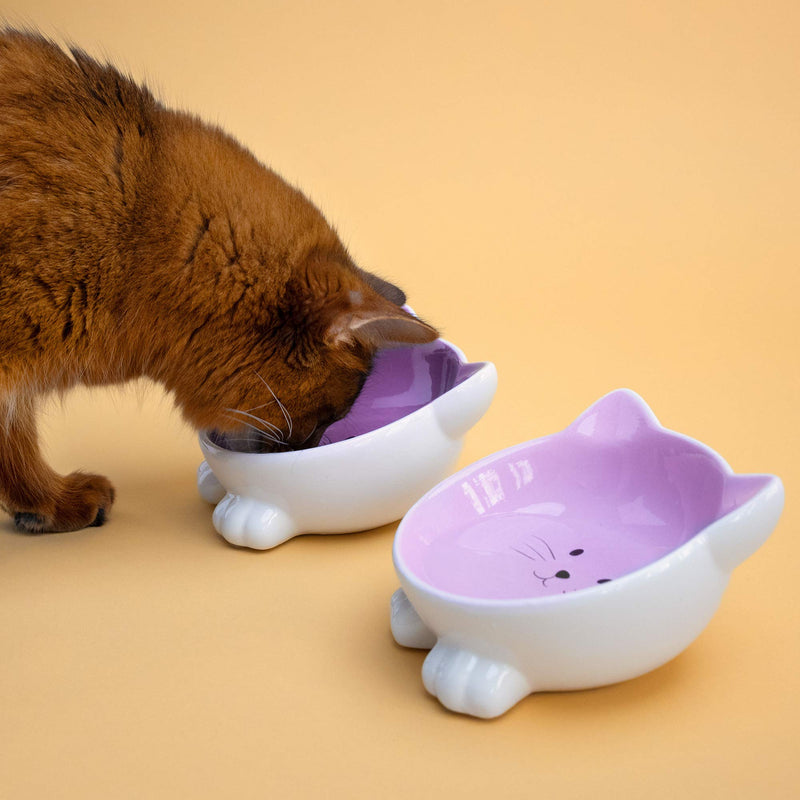 Navaris Cat Bowls with Ears - 2 Pack of Ceramic Cat Feeding Dishes with Anti Slip Silicone Feet - Purple Cat Shaped Food and Water Bowls Set Violet - PawsPlanet Australia