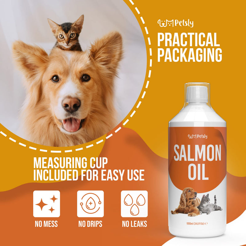 PETSLY Premium Salmon Oil Dog & Cat Care - nutrient-rich salmon oil for dogs and cats Makes your four-legged friend's fur supple and soft with Omega 3, salmon oil for cats, fish oil for dogs (1000ml) 1000ml - PawsPlanet Australia