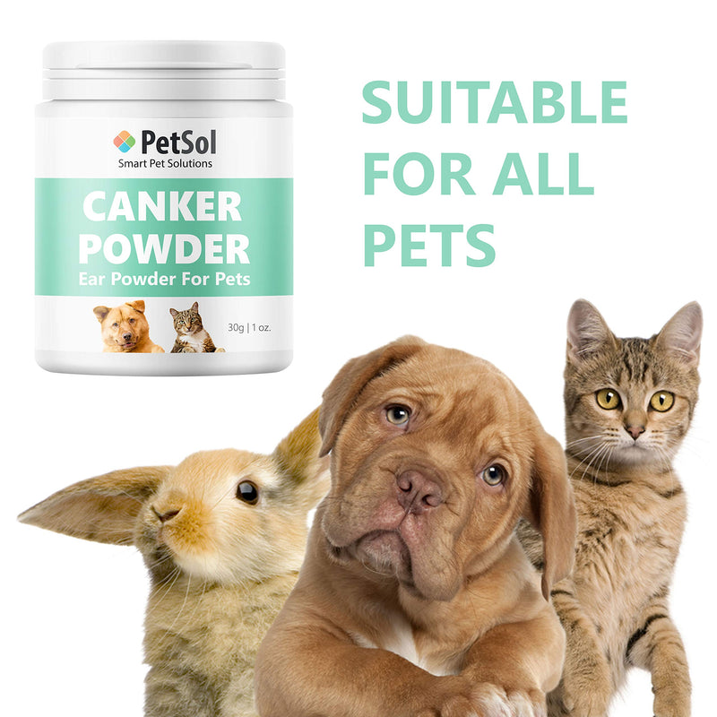 PetSol Ear Canker Powder (30g) Ear Mite Powder For Dogs, Cats, Horses, Rabbits, Small Animals & Pets - Rapid Relief For Itching Caused By Ear Mites – Stops Head Shaking, Wax, Gunk & Ear Odour - PawsPlanet Australia