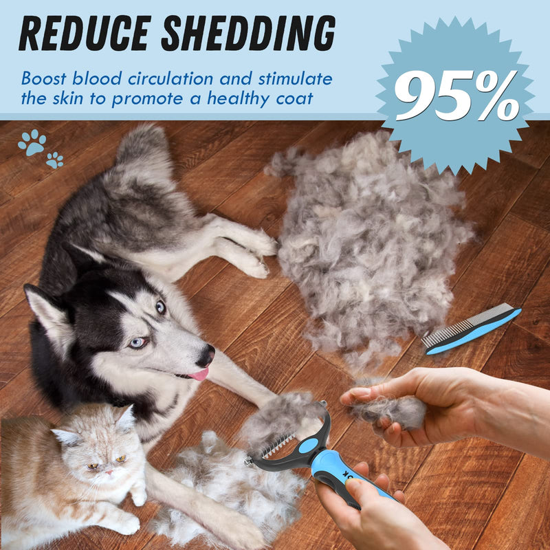 Dog Grooming Brush and Metal Comb, Undercoat Rake for Dogs Grooming Supplies Dematting Deshedding Brush for Shedding, Cat Brush Deshedder Brush Dogs Shedding Tool for Long matted Haired Pets, Blue - PawsPlanet Australia