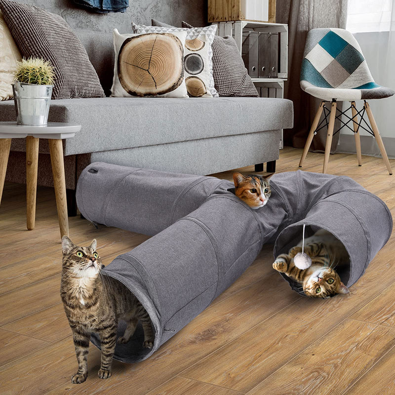 Ownpets Cat Tunnel, 3-Way Cat Tunnel, Fabric Cat Tunnel with Ball and Cat Teaser, Expandable and Foldable Cat Tunnel, Play Tunnel for Cats, Puppies, Rabbits, Gray U-Ways L-120CM, Dia-25CM - PawsPlanet Australia