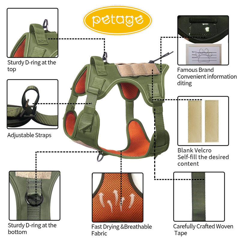 Tactical Service Dog Harness No-Pull, Double D-Ring Adjust Vest Harness with Hook and Loop Panels, Easy-Control for Walking Training, Reflective Dog Harnesses for Small,Medium and Large Dogs(Green,S) S(Neck:12-19",Chest:15-25") Army green - PawsPlanet Australia