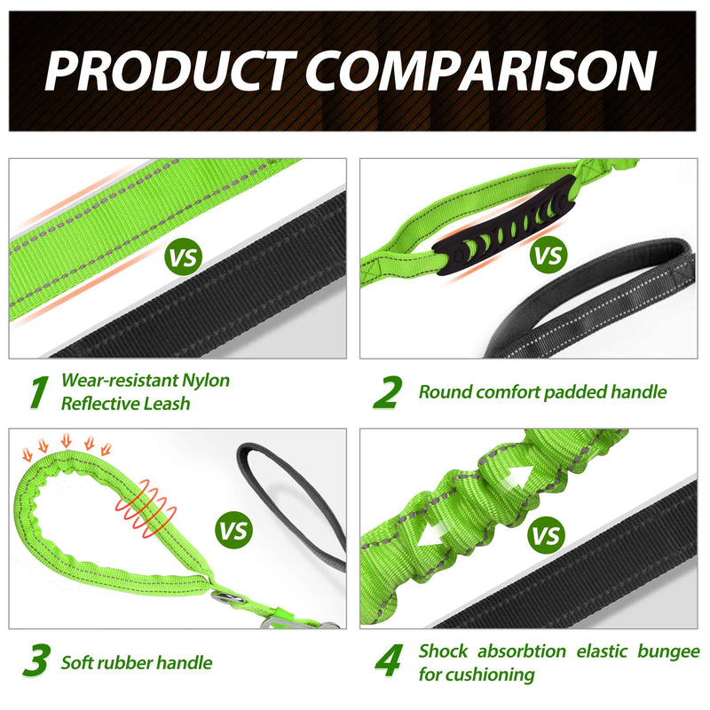 Bungee Dog Lead Shock Absorbing Strong Dog Leash with Car Seat Belt,Two Padded Handle No Pull Reflective Traffic Control,Pet Elastic Rope for Small Medium Large Dogs Green - PawsPlanet Australia