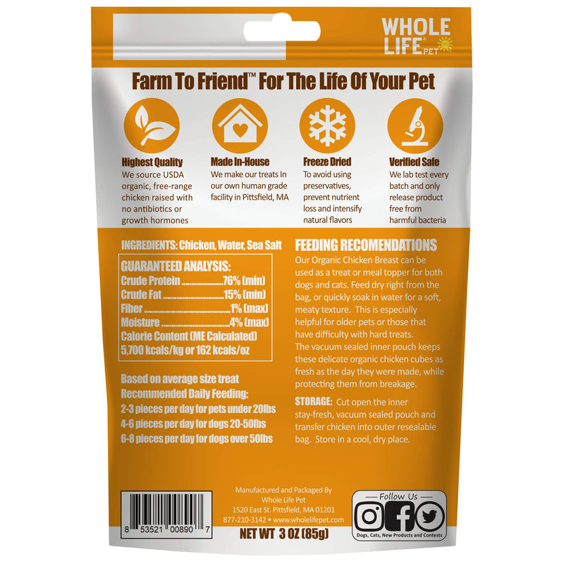 Whole Life Pet Products Healthy Dog and Cat Treats, Human-Grade Organic Chicken Breast, Protein Rich for Training, Picky Eaters, Digestion, Weight Control, Made in The USA, 3 Ounce (OC907) - PawsPlanet Australia