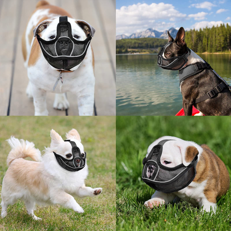 Short Snout Dog Muzzles, Poonpand [Upgraded] Pug Muzzle with Reflective Strip Design, Adjustable Breathable Mesh Bulldog Muzzle for Chihuahua/Bull Dogs, Anti Biting Chewing Barking Training S(Neck:11.02-14.17 in) black - PawsPlanet Australia