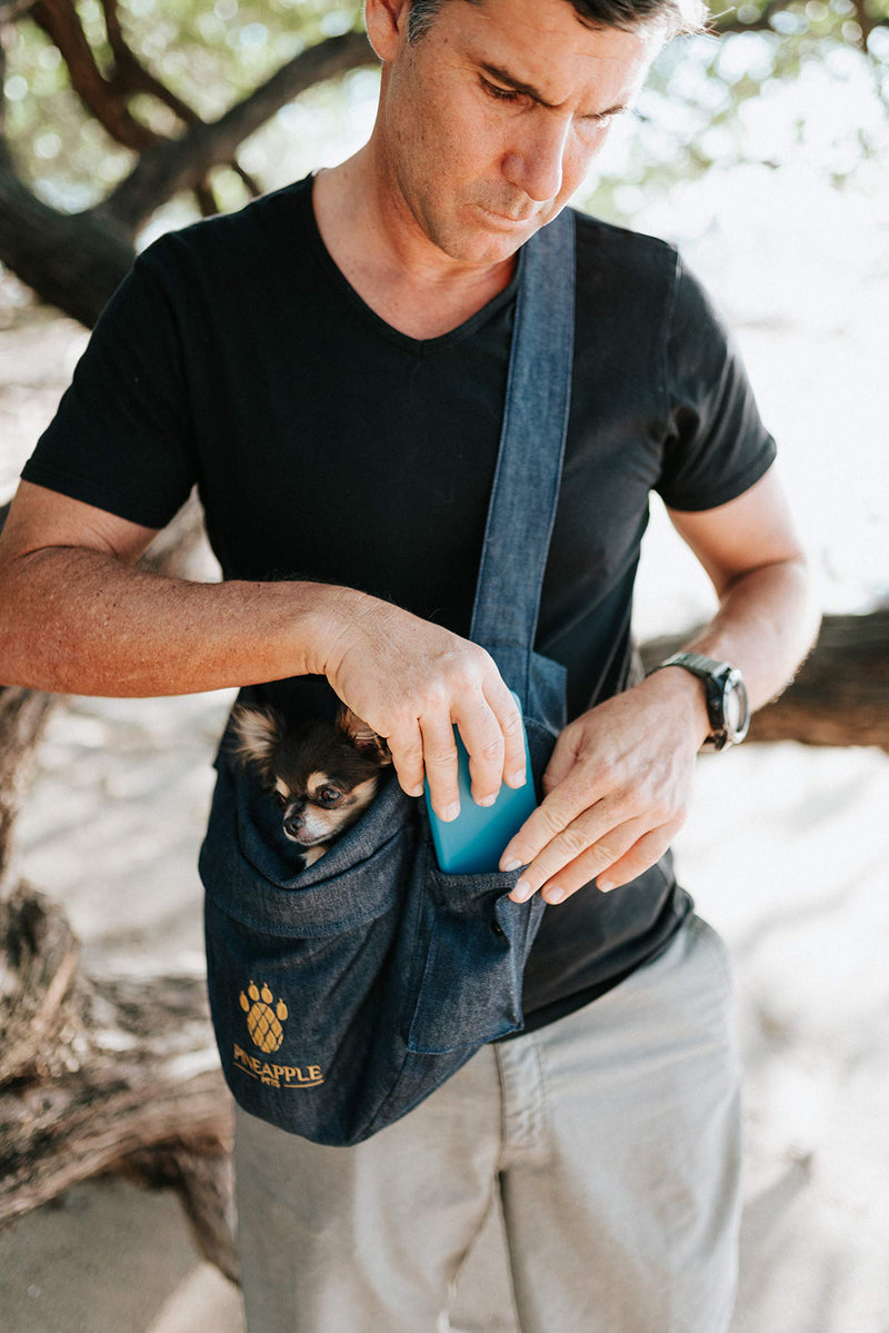 Pineapple Pets Hands-Free Dog Sling, Sustainably Made in Costa Rica, Locally Sourced Materials - Small Pet Carrier with Built-in Safety Latches, Adjustable Shoulder Strap - Lightweight Design Blue Denim - PawsPlanet Australia